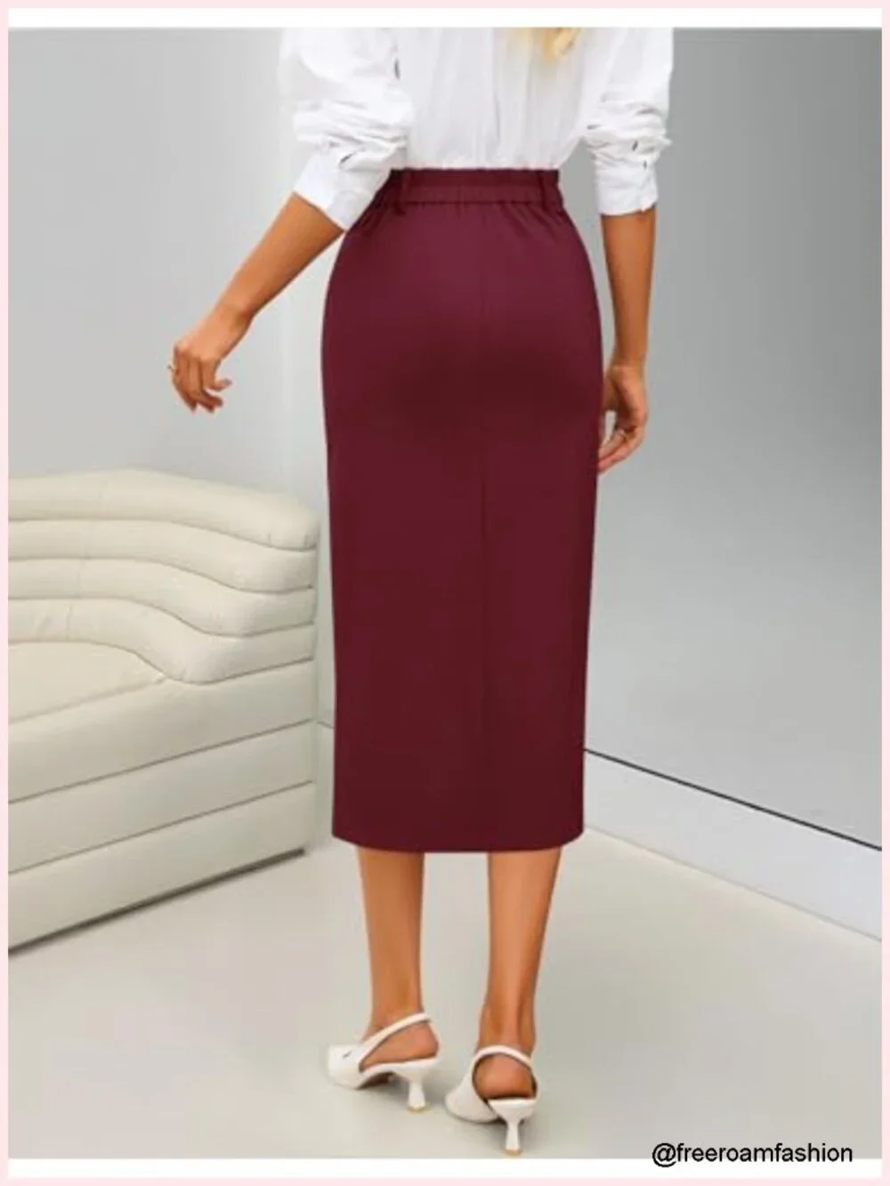 High Waisted Pencil Midi Skirt with Front Slit and Pockets